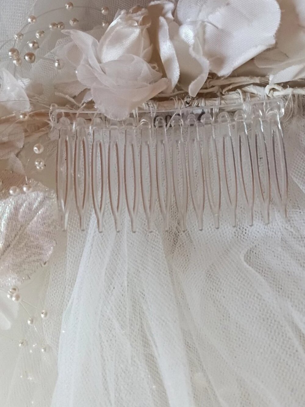 Bridal Wedding Veil White Tulle Floral Pearl Beaded Comb Cathedral Length - Picture 4 of 5